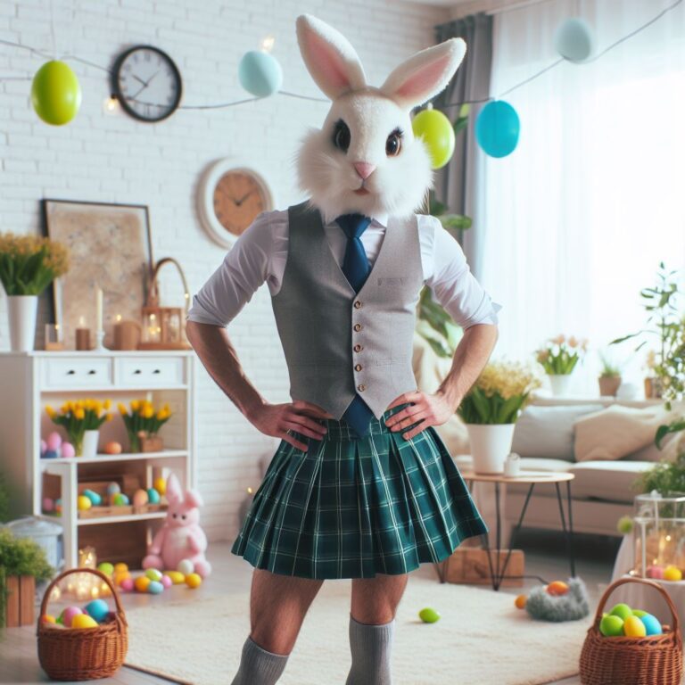 AI-generated male Easter bunny wearing a skirt