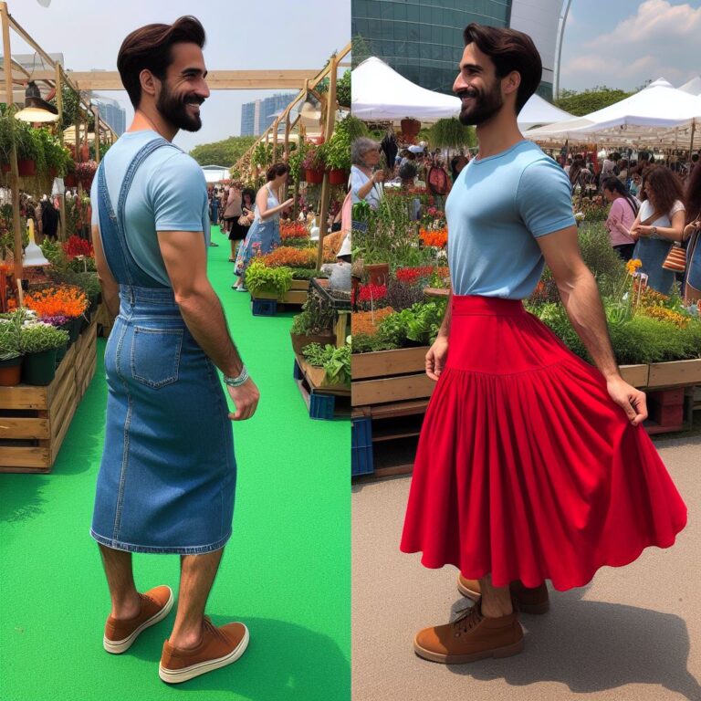 AI-generated man wearing two different skirts to a garden fair